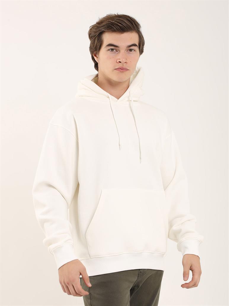 Ekru Erkek Oversize Düz Pamuklu Kapüşonlu Sweatshirt 