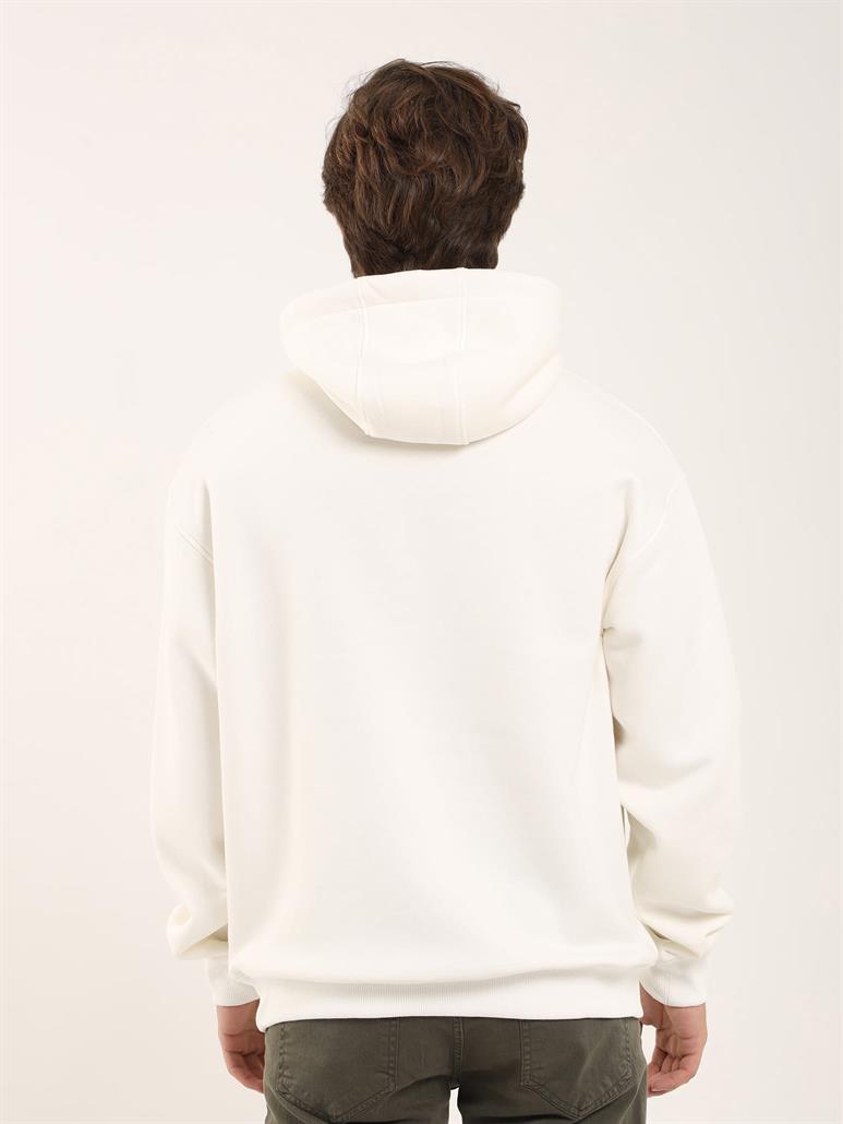 Ekru Erkek Oversize Düz Pamuklu Kapüşonlu Sweatshirt 