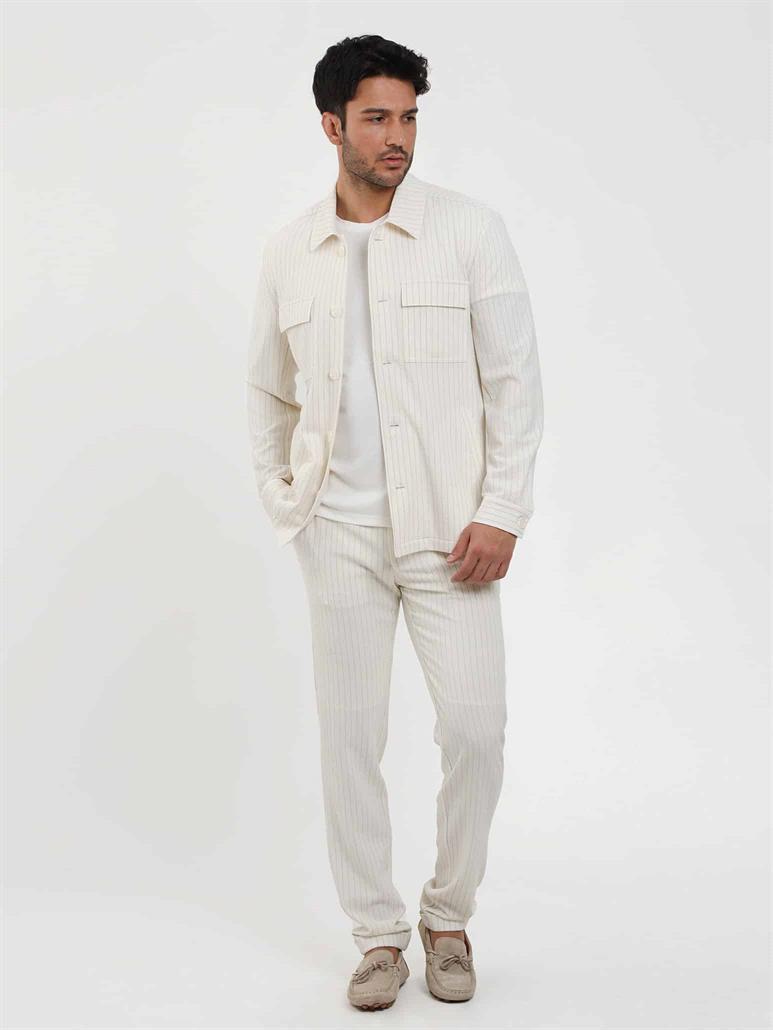 Ekru Erkek Slim Fit Çizgili Gofre Desenli Pantolon 