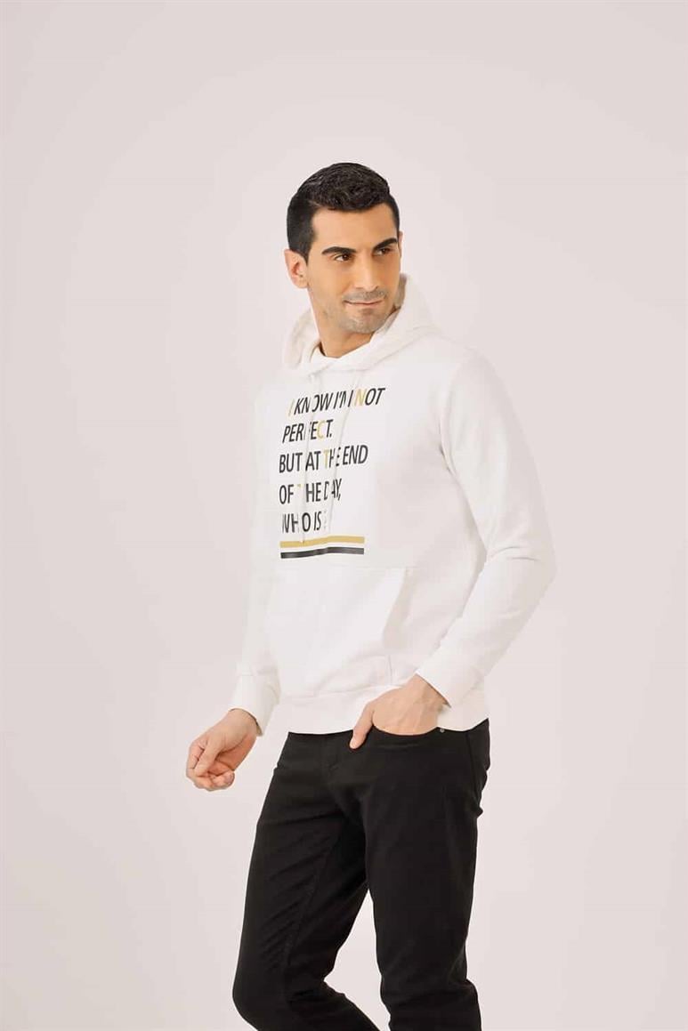 Ekru Erkek Regular Fit Baskılı Pamuklu Kapüşonlu Sweatshirt 