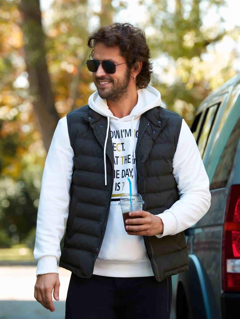 Ekru Erkek Regular Fit Baskılı Pamuklu Kapüşonlu Sweatshirt 