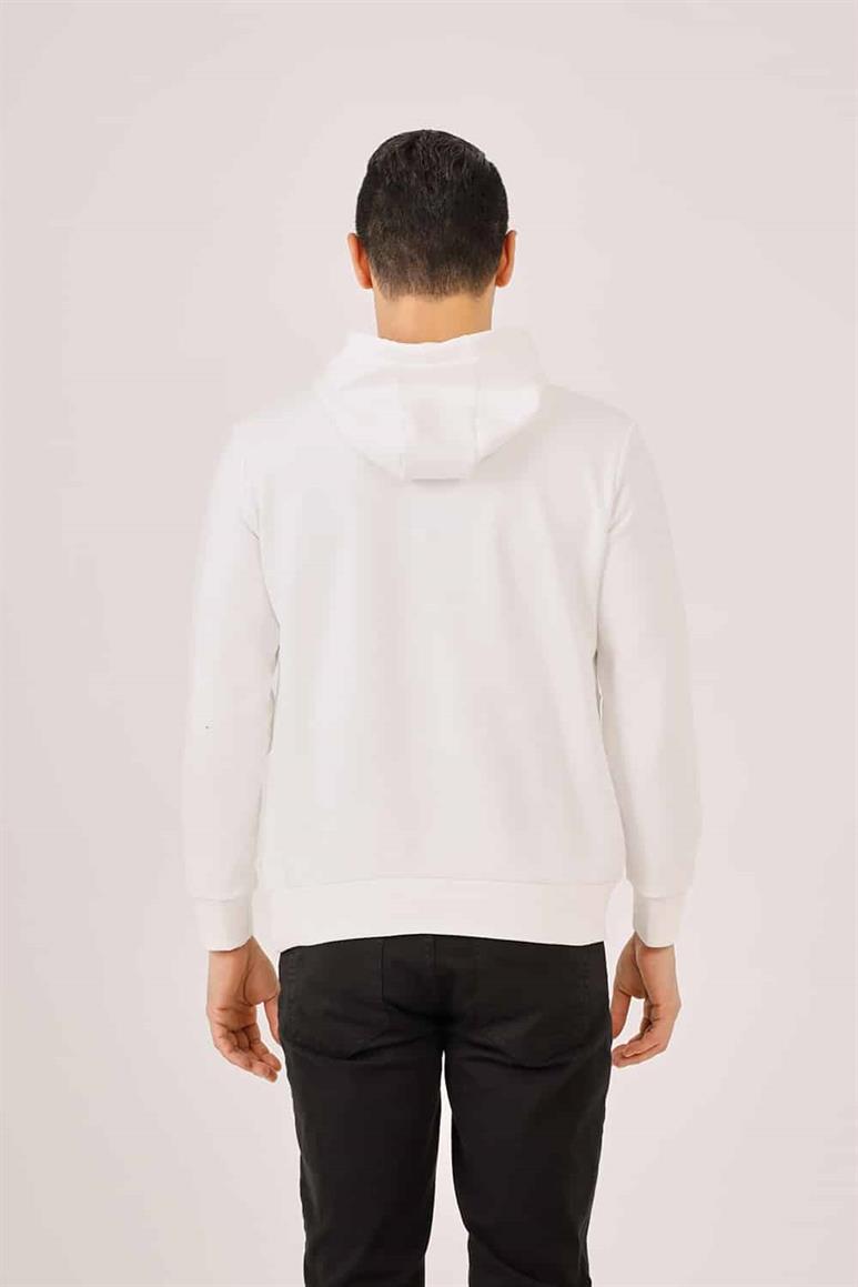 Ekru Erkek Regular Fit Baskılı Pamuklu Kapüşonlu Sweatshirt 