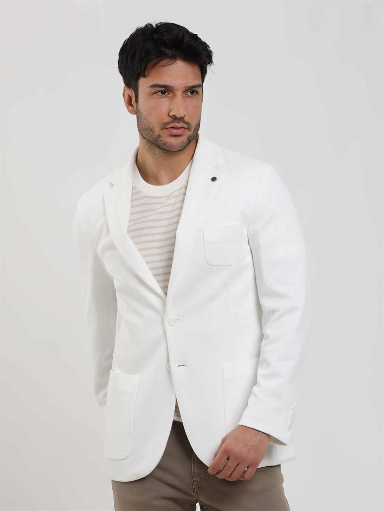Ekru Erkek Slim Fit Düz Mono Yaka Casual Ceket 