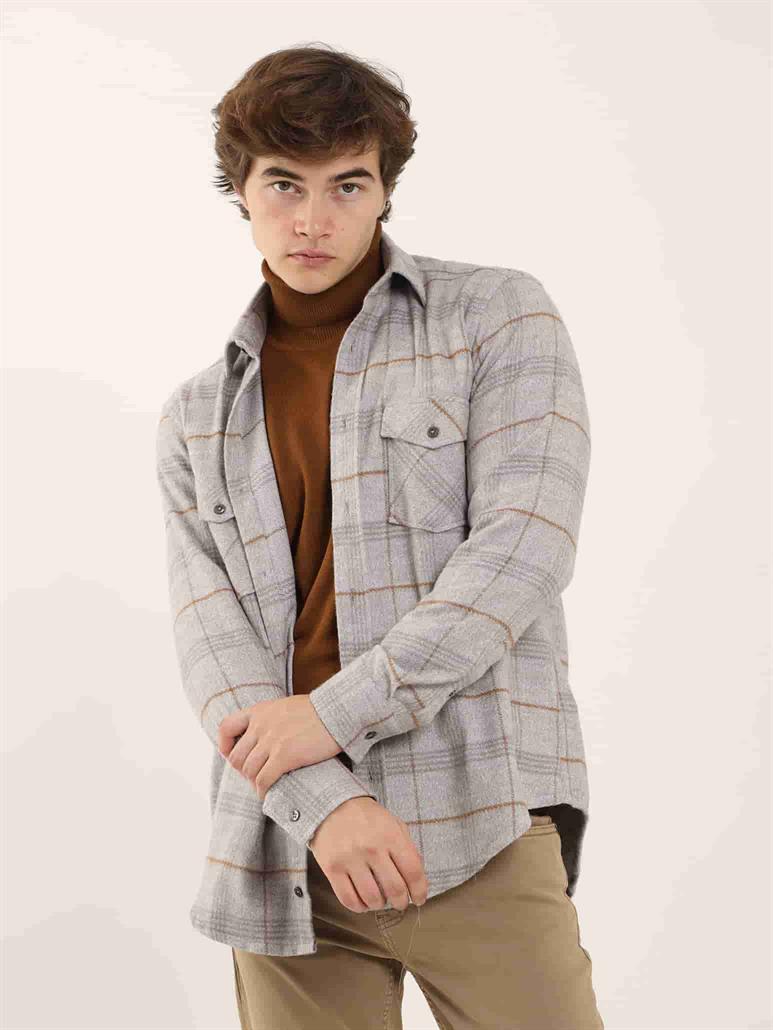 Gri Erkek Regular Fit Ekose Desenli Klasik Yaka Uzun Kol Oduncu Gömlek 