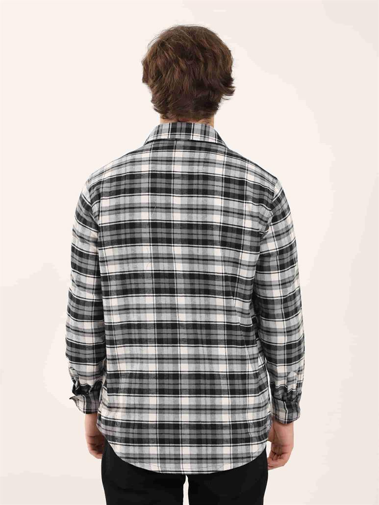 Gri Erkek Regular Fit Ekose Desenli Klasik Yaka Uzun Kol Oduncu Gömlek 
