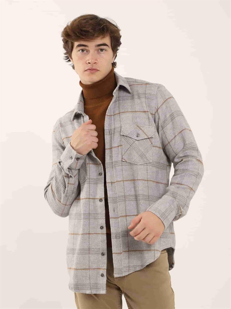 Gri Erkek Regular Fit Ekose Desenli Klasik Yaka Uzun Kol Oduncu Gömlek 