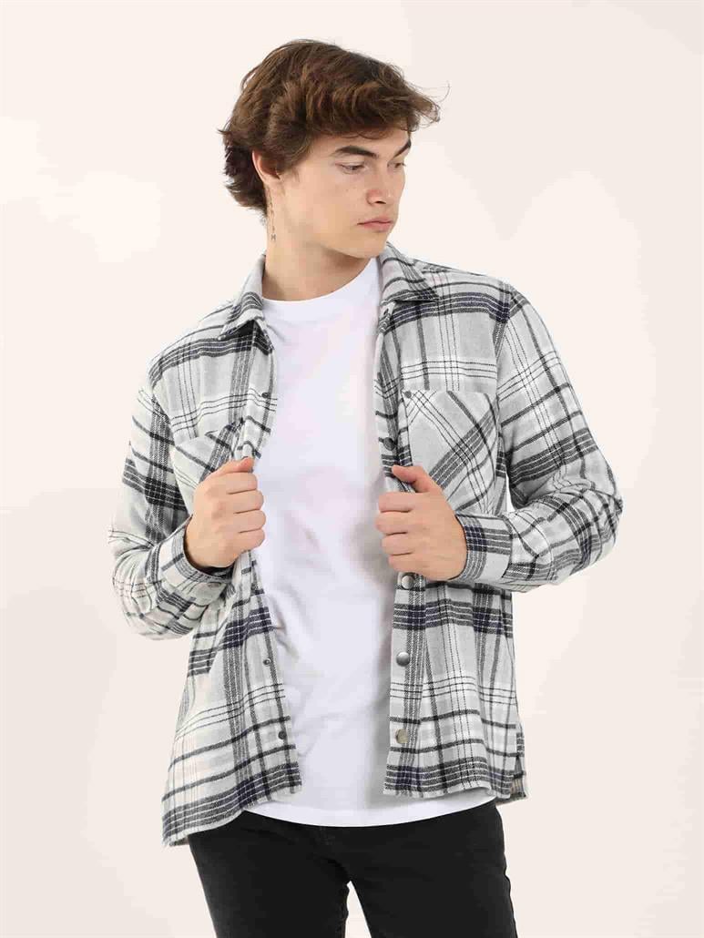 Gri Erkek Regular Fit Ekose Desenli Klasik Yaka Uzun Kol Oduncu Gömlek 