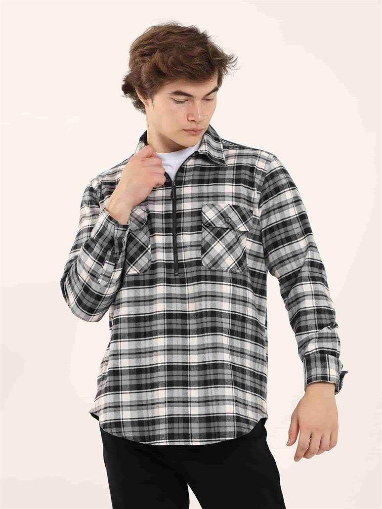 Gri Erkek Regular Fit Ekose Desenli Klasik Yaka Uzun Kol Oduncu Gömlek 