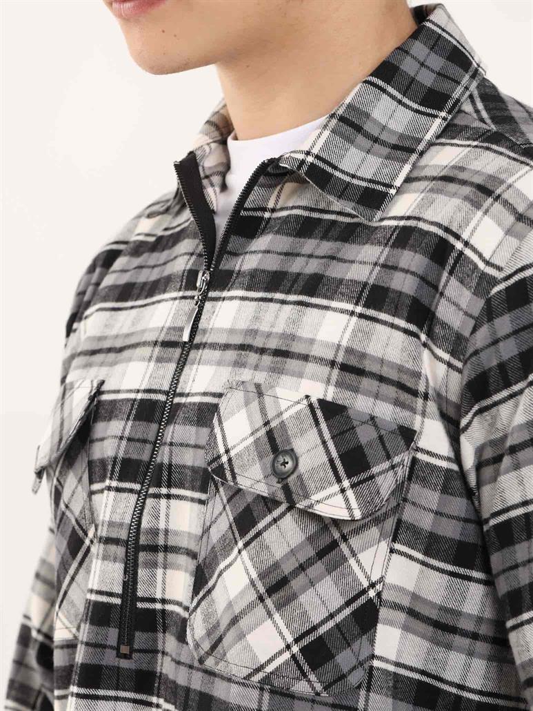 Gri Erkek Regular Fit Ekose Desenli Klasik Yaka Uzun Kol Oduncu Gömlek 