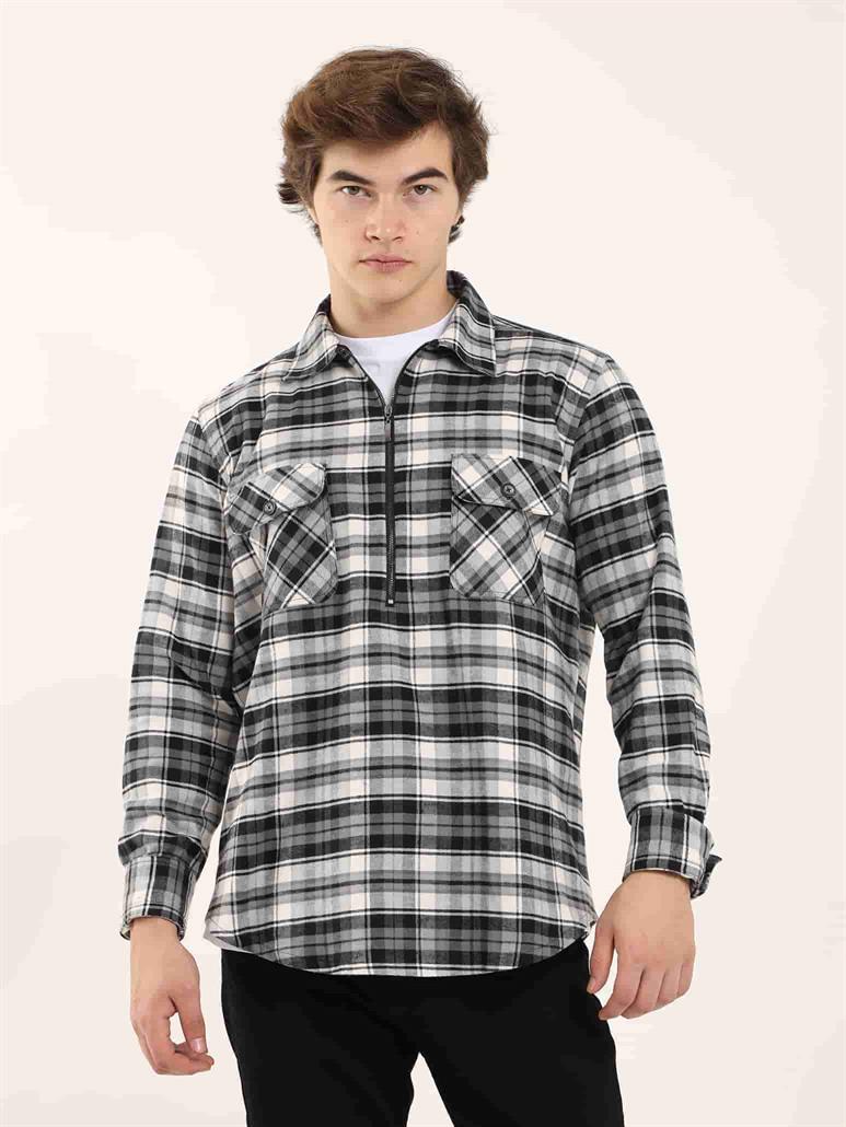 Gri Erkek Regular Fit Ekose Desenli Klasik Yaka Uzun Kol Oduncu Gömlek 