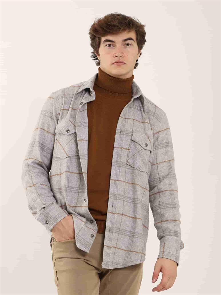 Gri Erkek Regular Fit Ekose Desenli Klasik Yaka Uzun Kol Oduncu Gömlek 