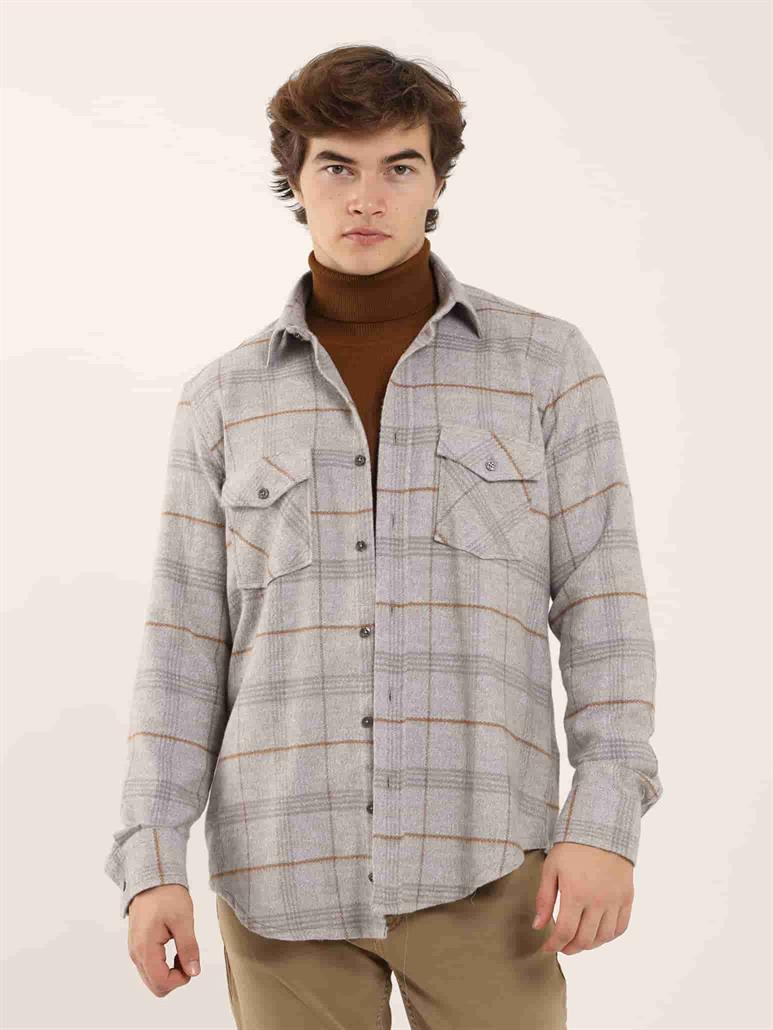 Gri Erkek Regular Fit Ekose Desenli Klasik Yaka Uzun Kol Oduncu Gömlek 