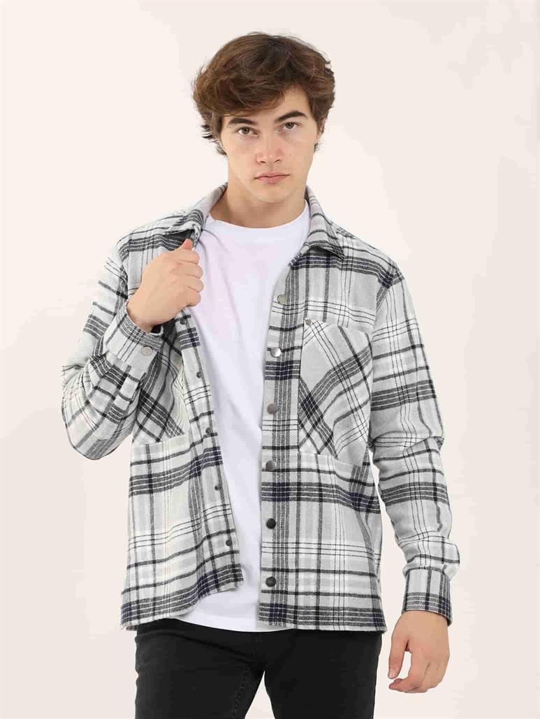 Gri Erkek Regular Fit Ekose Desenli Klasik Yaka Uzun Kol Oduncu Gömlek 