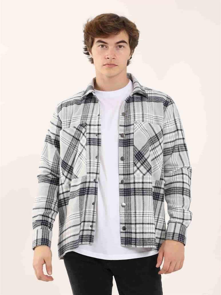 Gri Erkek Regular Fit Ekose Desenli Klasik Yaka Uzun Kol Oduncu Gömlek 