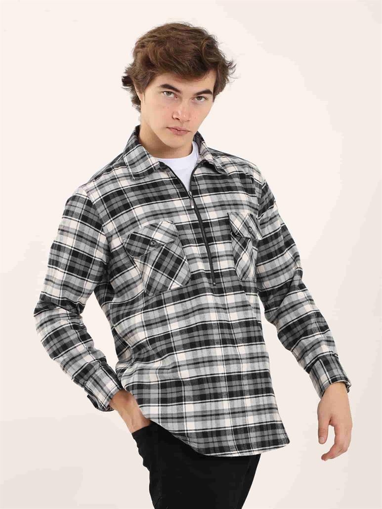 Gri Erkek Regular Fit Ekose Desenli Klasik Yaka Uzun Kol Oduncu Gömlek 