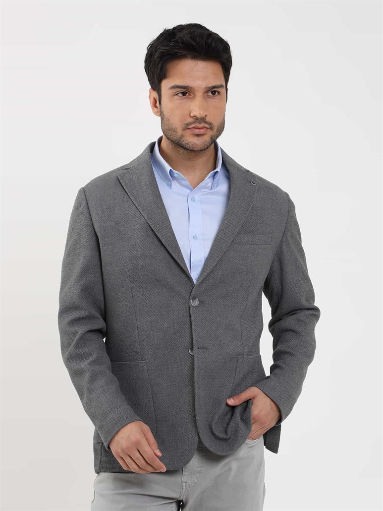 Gri Erkek Slim Fit Armürlü Casual Mono Yaka Ceket 