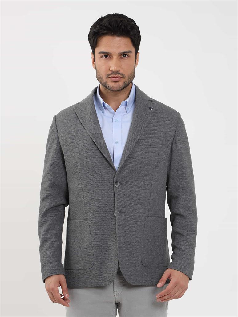 Gri Erkek Slim Fit Armürlü Casual Mono Yaka Ceket 