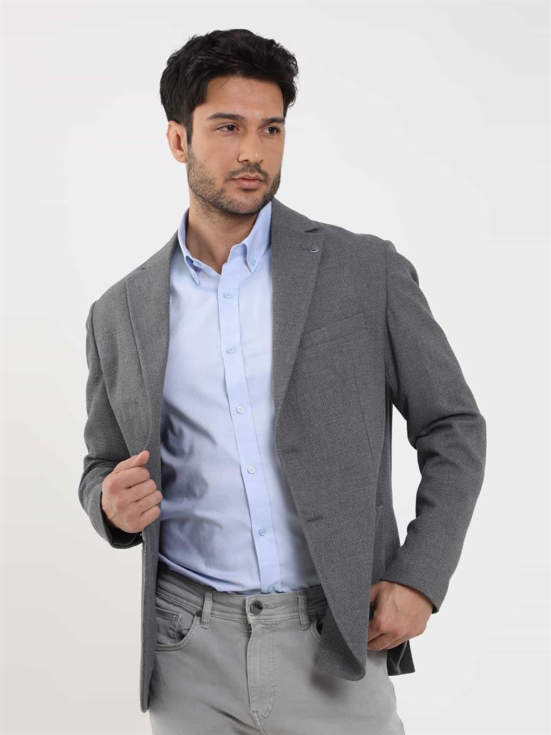 Gri Erkek Slim Fit Armürlü Casual Mono Yaka Ceket 