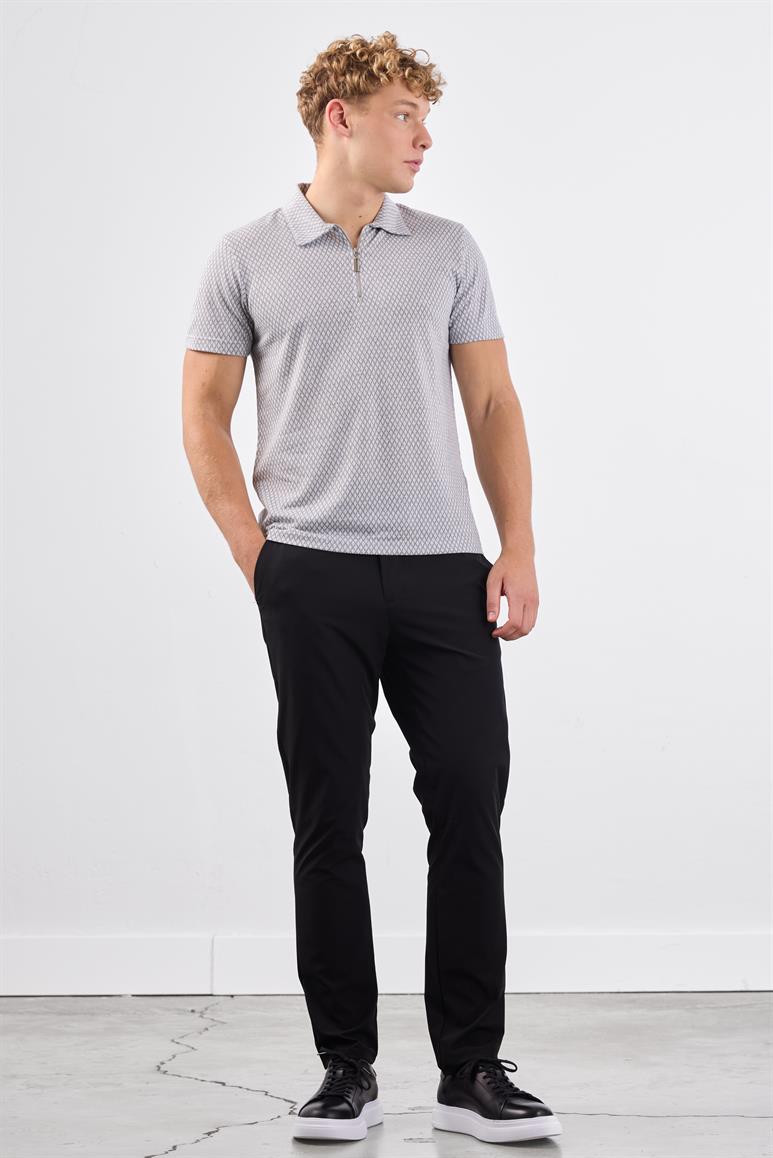 Gri Erkek Slim Fit Baklava Desenli Polo Yaka T-shirt 