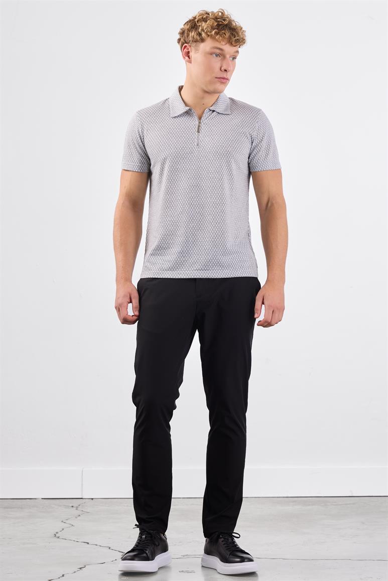 Gri Erkek Slim Fit Baklava Desenli Polo Yaka T-shirt 
