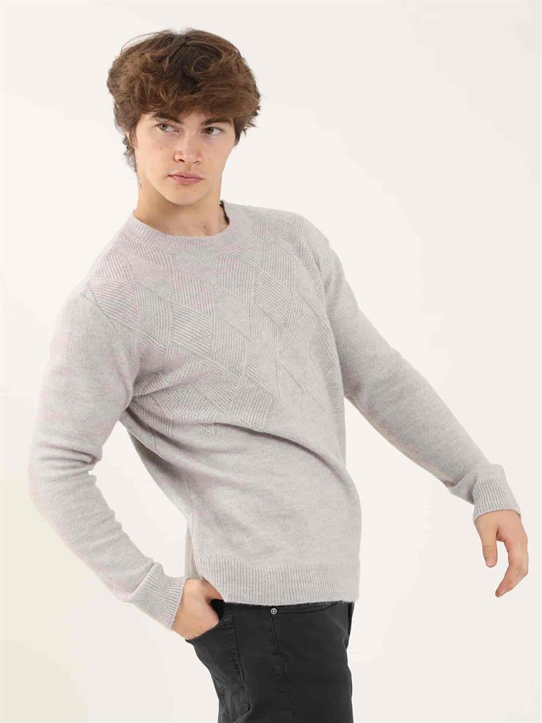 Gri Erkek Slim Fit Baklava Desenli O Yaka Triko 