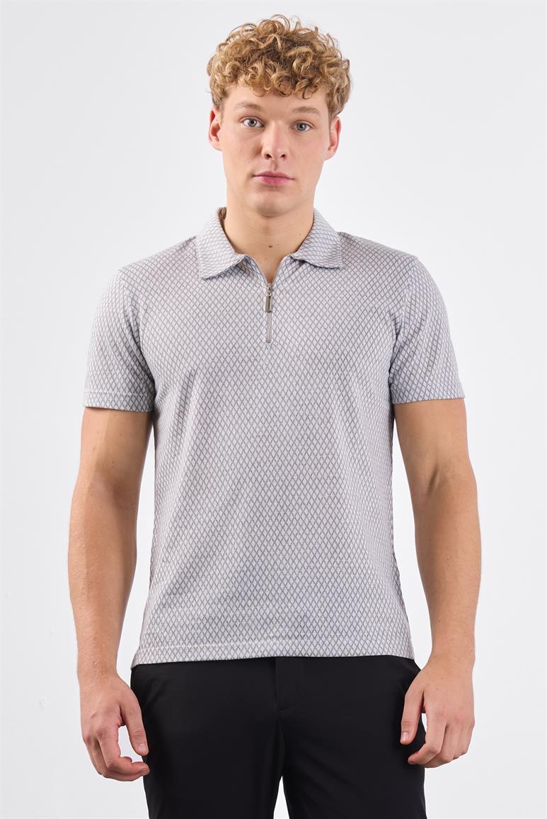 Gri Erkek Slim Fit Baklava Desenli Polo Yaka T-shirt 