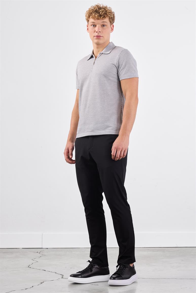 Gri Erkek Slim Fit Baklava Desenli Polo Yaka T-shirt 