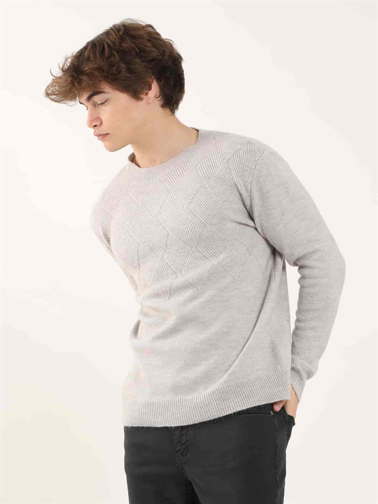 Gri Erkek Slim Fit Baklava Desenli O Yaka Triko 