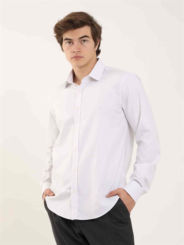 Gri Erkek Slim Fit Çizgili Klasik Yaka Uzun Kol Gömlek 