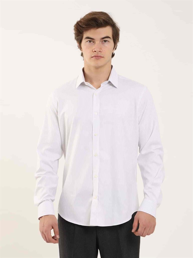 Gri Erkek Slim Fit Çizgili Klasik Yaka Uzun Kol Gömlek 