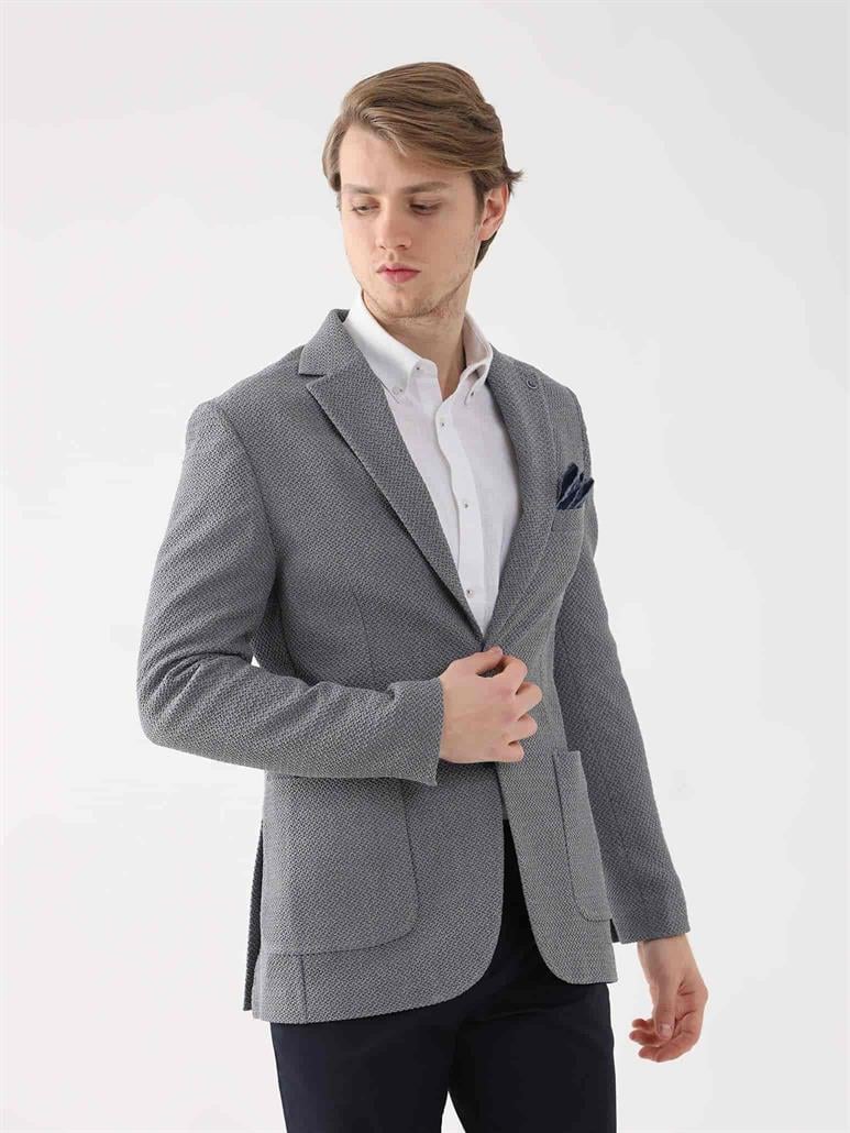 Gri Erkek Slim Fit Desenli Mono Yaka Ceket 