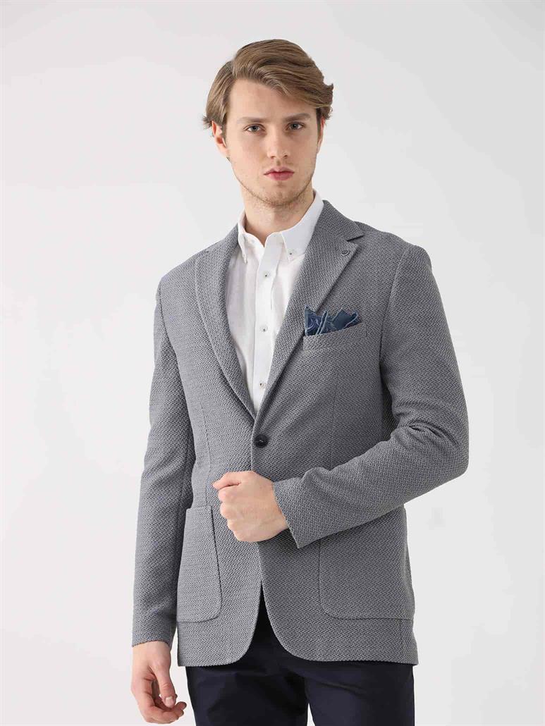 Gri Erkek Slim Fit Desenli Mono Yaka Ceket 