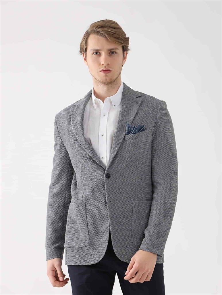 Gri Erkek Slim Fit Desenli Mono Yaka Ceket 