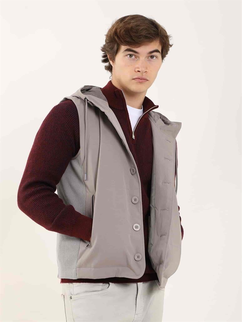 Gri Erkek Slim Fit Düz Casual Kapüşonlu Yelek Mont 