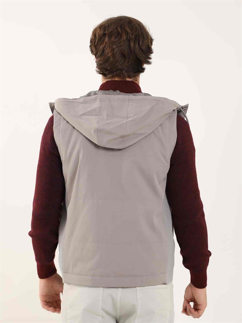 Gri Erkek Slim Fit Düz Casual Kapüşonlu Yelek Mont 