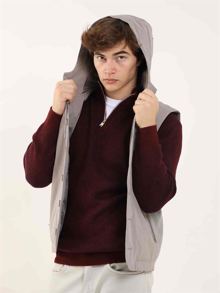 Gri Erkek Slim Fit Düz Casual Kapüşonlu Yelek Mont 