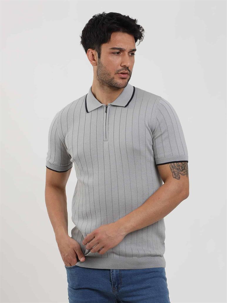  Gri Erkek Slim Fit Fitilli Fermuarlı Polo Yaka Triko 