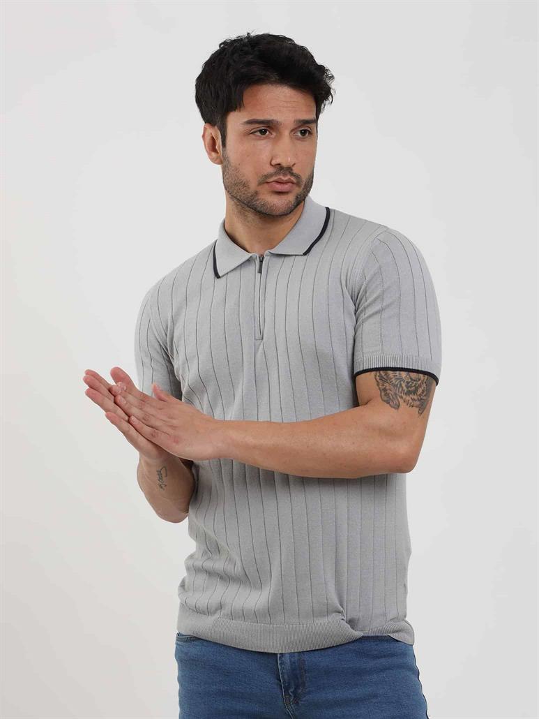  Gri Erkek Slim Fit Fitilli Fermuarlı Polo Yaka Triko 