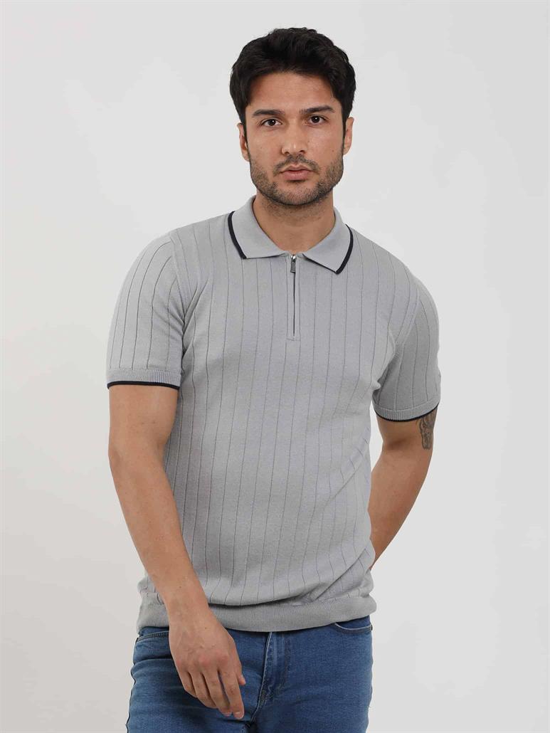  Gri Erkek Slim Fit Fitilli Fermuarlı Polo Yaka Triko 