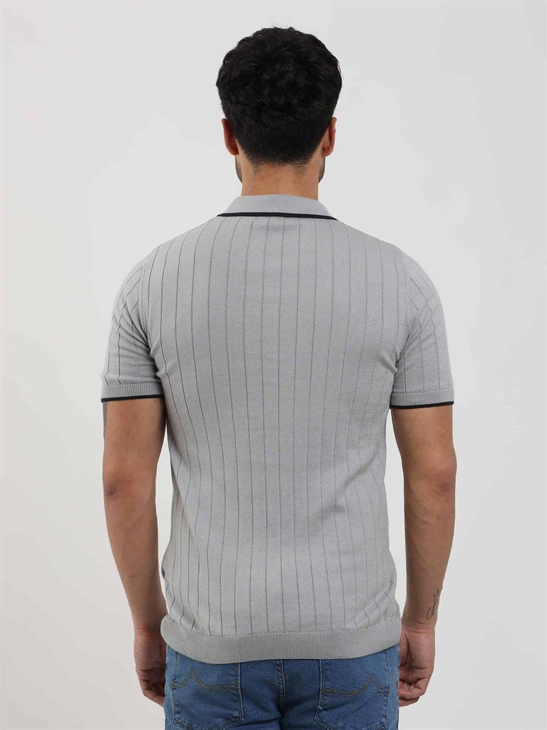  Gri Erkek Slim Fit Fitilli Fermuarlı Polo Yaka Triko 