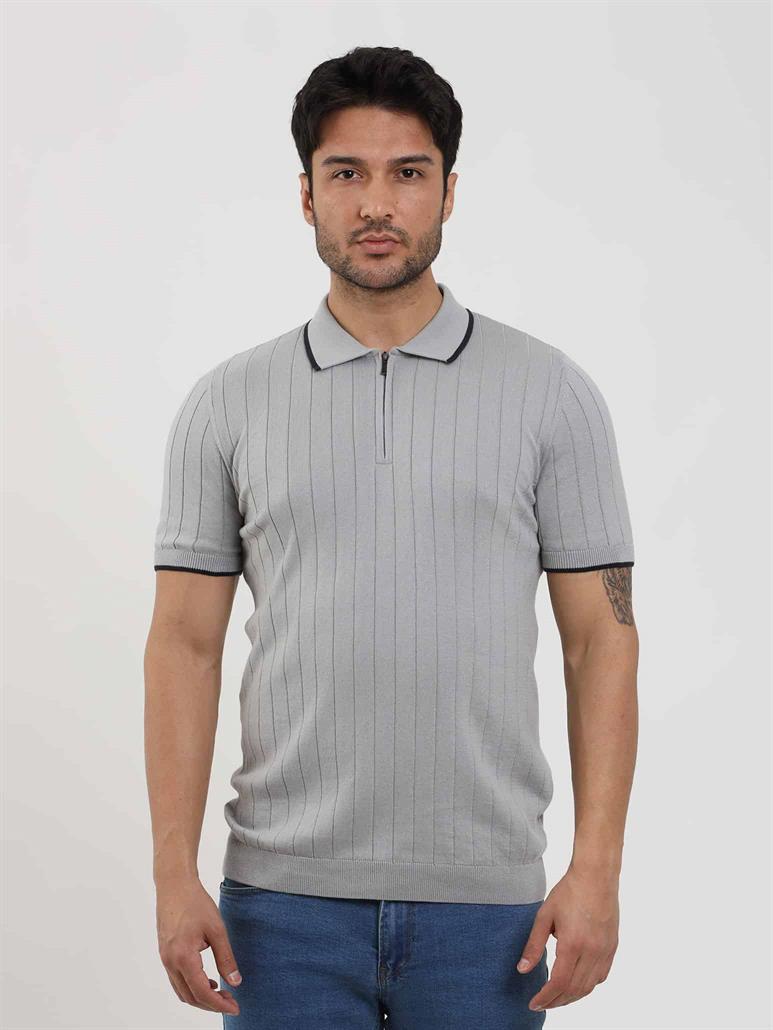  Gri Erkek Slim Fit Fitilli Fermuarlı Polo Yaka Triko 