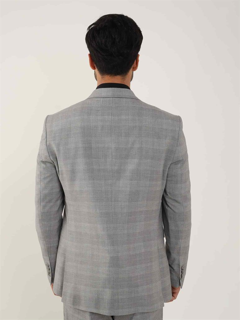 Gri Erkek Slim Fit Ekose Desenli Mono Yaka Takım Elbise 