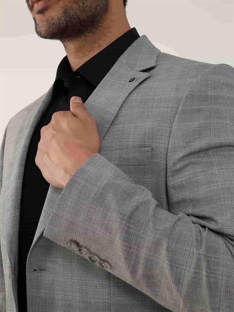 Gri Erkek Slim Fit Ekose Desenli Mono Yaka Takım Elbise 