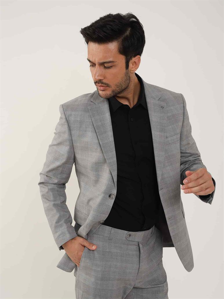 Gri Erkek Slim Fit Ekose Desenli Mono Yaka Takım Elbise 