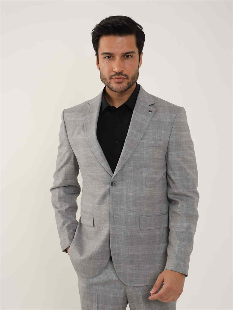Gri Erkek Slim Fit Ekose Desenli Mono Yaka Takım Elbise 