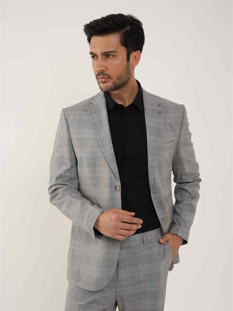 Gri Erkek Slim Fit Ekose Desenli Mono Yaka Takım Elbise 
