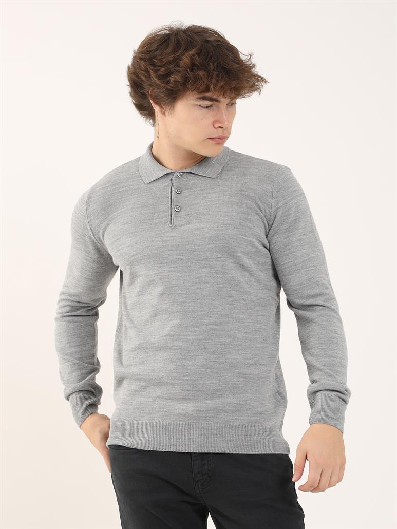 Gri Erkek Slim Fit Düz Klasik Polo Yaka Triko 