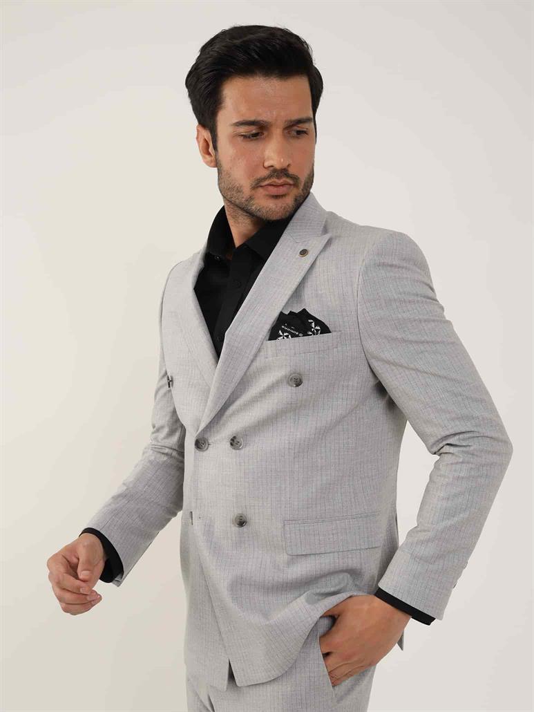 Gri Erkek Slim Fit Çizgili Kruvaze Yaka Takım Elbise - 104427
