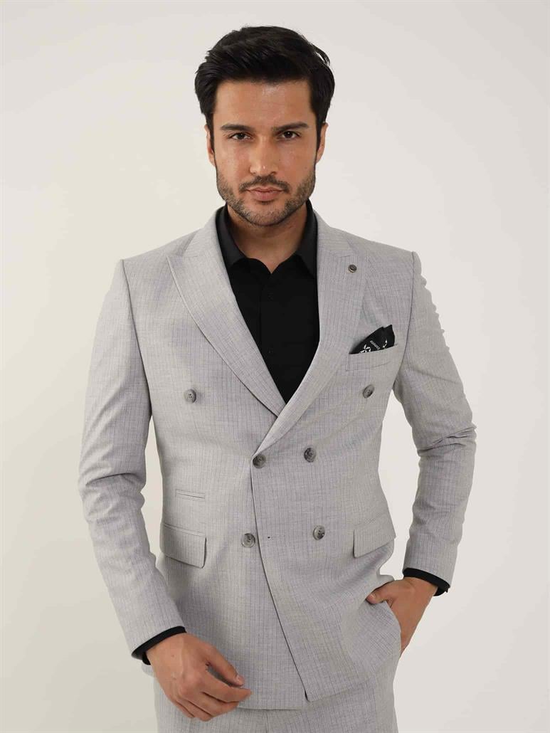 Gri Erkek Slim Fit Çizgili Kruvaze Yaka Takım Elbise - 104427