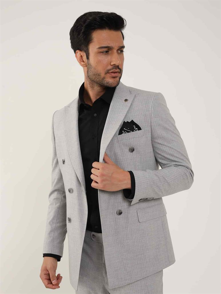 Gri Erkek Slim Fit Çizgili Kruvaze Yaka Takım Elbise - 104427
